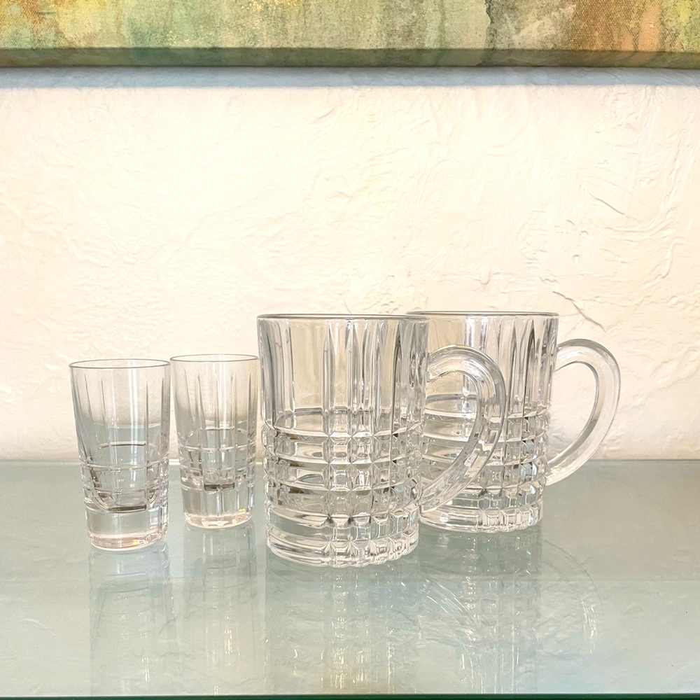 Tiffany & Co. crystal plaid beer mugs (set of 2) and shot glasses (set of 2)